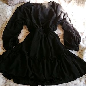 FLYING TOMATO  SOLID BLACK KNEE LENGTH DRESS NWT W/ SLIP & SHEER ARMS